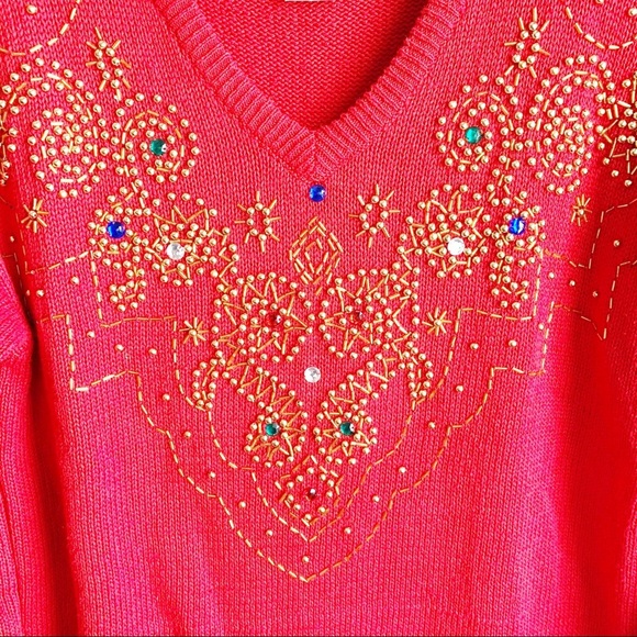 Vintage Sweater V-Neck Western Connection Beaded Knit Raime Cotton Bling M - Picture 2 of 9